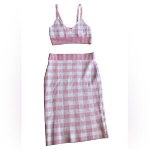 SHEIN Pink Gingham Knit Set – Crop Top & Midi Skirt – Size L (US 8/10)